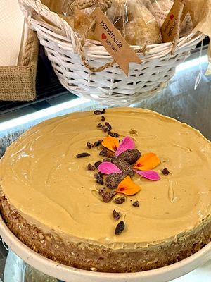 Vegan cake with almond crust and coconut and mango cream at Panna Cotta Restaurant & Cafeteria in Sandanski