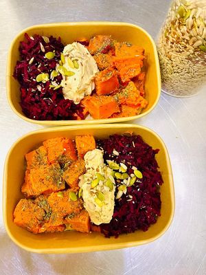 Roasted pumpkin, beetroot, homemade hummus and seeds salad at Panna Cotta Restaurant & Cafeteria in Sandanski