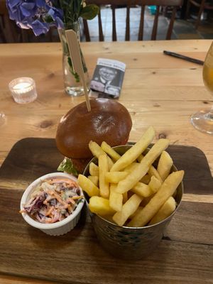 Vegan burger with slaw and chips at The Oystercatcher Inn in Scotland