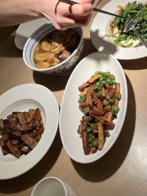 Eggplant, wild mushroom noodles, spinach with sesame sauce, tofu with fermented soy beans and peppers   at Qingchun Pumen (Pacific Ocean New World Branch) in Shanghai