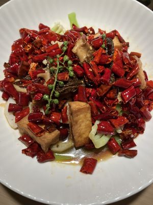 Tofu and morels and cauliflower and lotus and celtuce (I think) in a Szechuan peppercorn broth. This was the standout    at Qingchun Pumen (Pacific Ocean New World Branch) in Shanghai
