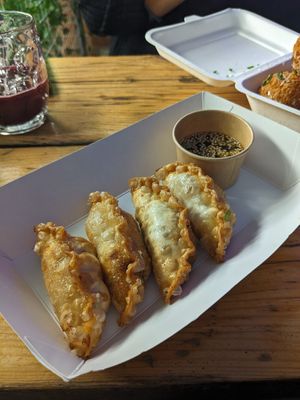 Kimchi Yaki Mandu and a black vinegar dip, deep fried, a perfect beer snack! at Gravity Well Taproom in London