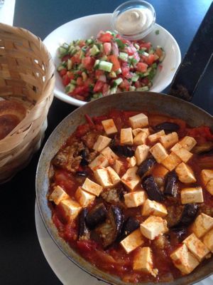 Vegan tofu and eggplant shakshouka at Cafe Nini in Tel Aviv