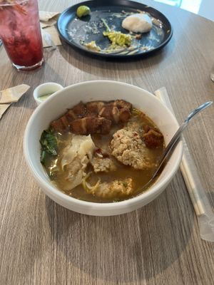 Vegan pork belly dumpling soup.  How they do the pork belly, I have no idea.  Really good and a really meaty tasting broth  at Veganerie Grand Palace - วีแกนเนอรี วัดพระแก้ว in Bangkok