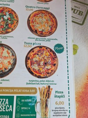 Pizza with vegan (posno) cheese BUT with tuna! Make sure to order without tuna! at Mac Tire Pub in Republika Srpska
