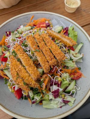 Vritz Salat mit veganen Schnitzelstreifen at Schweinske in Schleswig-holstein