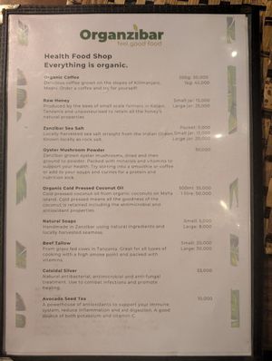 Menu at Organzibar in Zanzibar