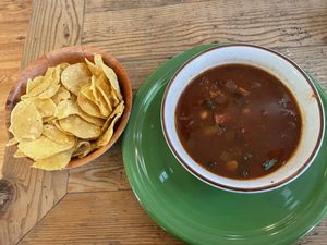 Vegan Chili with chips  at Laughing Planet Cafe in Reno