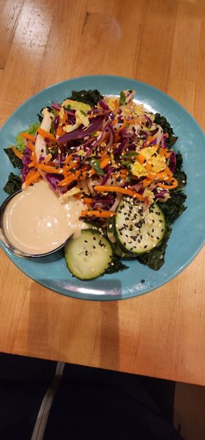 Veggie bowl with the most delicious garlic tahini sauce at Laughing Planet Cafe in Reno