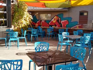 Outdoor seating at Laughing Planet Cafe in Reno