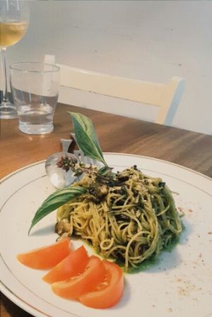 pesto pasta (and fancy looking vinegar drink in the background) at Cloud Dreaming in Penang