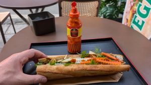Crispy Banh Mi, with mushroom pate & hot chili sauce. at Bonbagu Vegan Baguette - Bánh Mì Chay in Hanoi