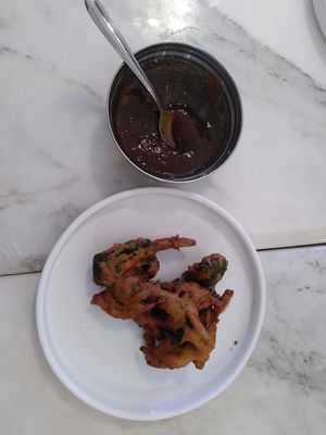 Spinach starter with chutney (September 2025) at Cegin Punjabi in Ceredigion