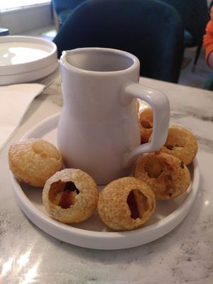 Pani puri with sauce (September 2025) at Cegin Punjabi in Ceredigion