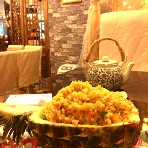 Delicious pineapple curry rice with lemongrass tea. at XiangJi Ge Vegetarian in Shanghai