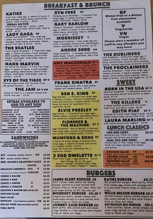 Menu at Katies Vinyl Bar & Kitchen in England