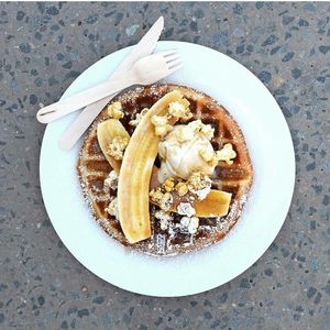 Banana salted caramel waffles from Plant 4 Bowden  at Live A Little Gelato in Adelaide