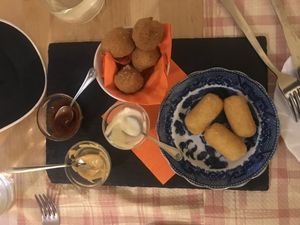 “Meat”balls and Croquettes! These appetizers are seriously good!  at Crepapelle in Florence