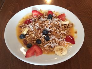 mango strawberry granola smoothie (vegan) at The Sea Bean Cafe in Seward