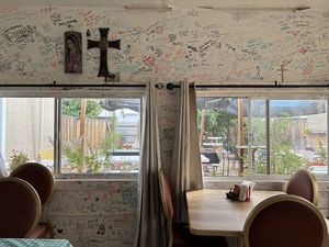 Back patio view from insidee  at Marfa Burritos in Marfa