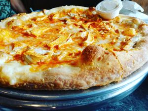 Vegan Buffalo chicken pizza with vegan Blue cheese sauce at Uncle Oogie's Pizza in Sea Isle City