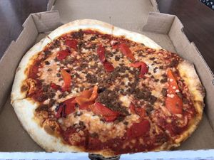 Vegan sausage and peppers pizza at Uncle Oogie's Pizza in Sea Isle City