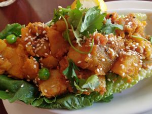 Potato salad. Spicy. Cold. Cilantro at Cafe Himalaya in New York City