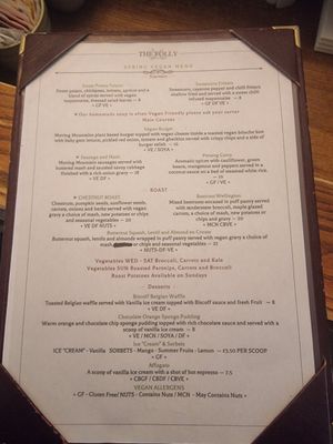 Vegan menu 3rd June 2026 at The Folly in Towcester