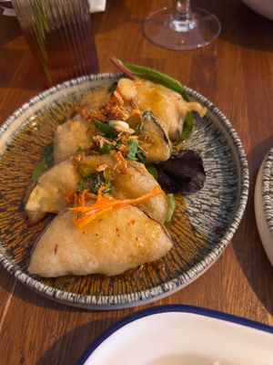 Battered aubergine in sweet and sour sauce  at Russell's Thai Tapas in Chester