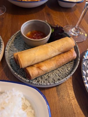 Spring rolls, chilli sauce & fluffy rice  at Russell's Thai Tapas in Chester