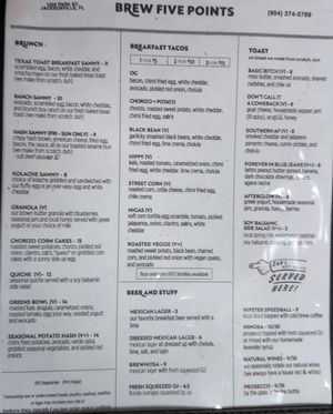 Menu at BREW Five Points in Jacksonville
