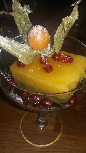 xmas bento dessert: mango and matcha panna cotta. at Helens Sushi in Stockholm