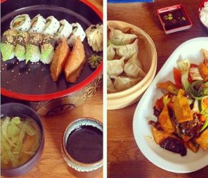 Pot stickers, sushi, and the Korean tofu and veggies dish. at Helens Sushi in Stockholm