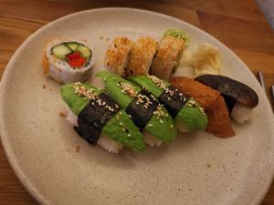 Vegan sushi selection: 4 maki, 3 avocado, 1 tofu, 1 mushroom. at Helens Sushi in Stockholm