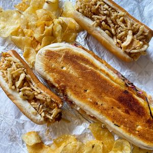 Pulled “pork” panini, and two hot dogs  at The Herbivorous Butcher in Minneapolis