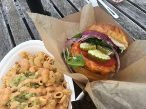 Spicy Chicken Sandwich and hamburger Mac at The Herbivorous Butcher in Minneapolis