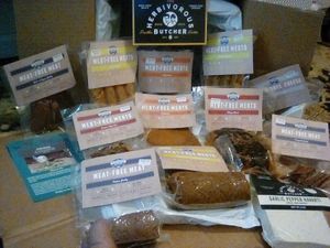Herbivorous Butcher's vegan starter combo via email order! Deliciously tasty well seasoned meat free sausages, pastrami, BBQ ribs, pepperoni, steak, jerky; smooth cheeses. at The Herbivorous Butcher in Minneapolis