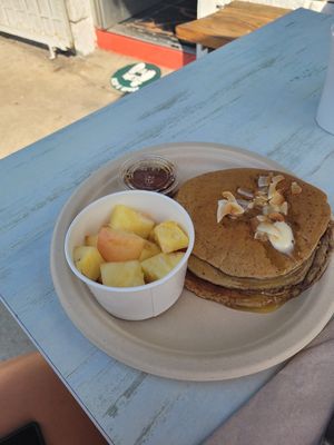 Coconut Vegan Banana pancakes at Powerplant Superfood Cafe in Los Angeles