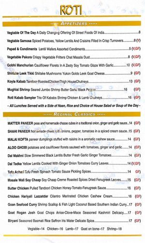 Menu 1  at Roti Indian Kitchen in Grand Rapids