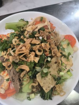 Stir fried vegan seafood noodles -amazing at Bánh Mì Chay Đệ Nhất Madam Thao in Hoi An