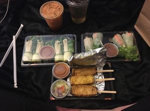 in this photo we have the sate, summer rolls, and the green energy roll i believe. all super tasty. at Happy Elephant Vegan in Long Beach