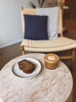 Vegan Banana Bread and Flat White (you can choose your milk Oat, Pea, or Coconut) at Pontes in Copenhagen