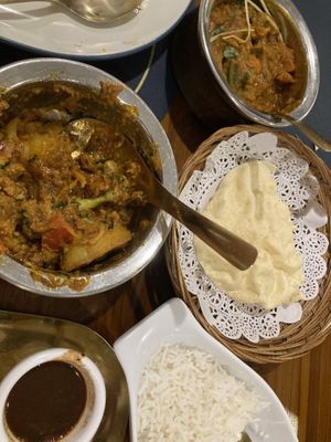 Vegan aloo gobi, veggie curry and samosa with poppadoms.   at Aahar - Pure Vegetarian Indian Restaurant Kuta in Kuta