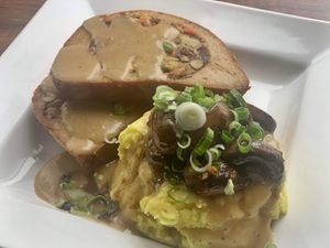 Vegan Roast with Mash potatoes and gravy at Alice & Friends in Oak Park in Oak Park