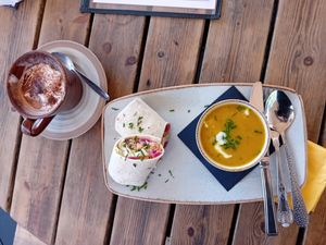 Satay tofu wrap with soup at Phoenix Cafe Bar in Exeter