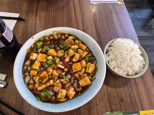 Mapo tofu and rice at Dragon Oriental Restaurant in Manchester