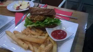 vegan burger and fries at Reality Bites Cafe in Rangiora
