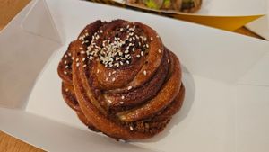 Vegan Tahini Bun
A vegan tahini bun – fluffy dough rolled with a sweet tahini (sesame) filling. at Nomad Bread & Coffee in Lefkosia