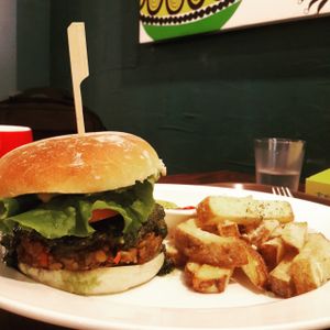 Basil pesto burger with homemade vegan patty.  at Coexistence Vegan Cafe in Seoul