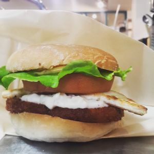 Tofu burger (hash brown + (order-made) tofu + tartar sauce + vegetables + homemade bun)  at Coexistence Vegan Cafe in Seoul